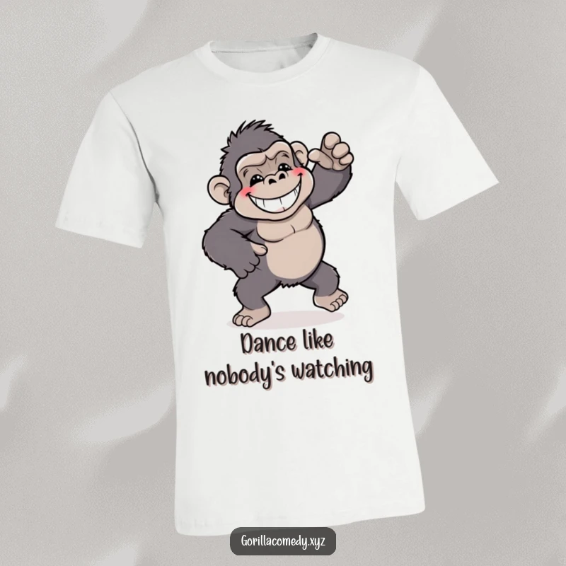 Funny gorilla t-shirt, grinning widely and performing a silly, playful dance with energetic, goofy steps.