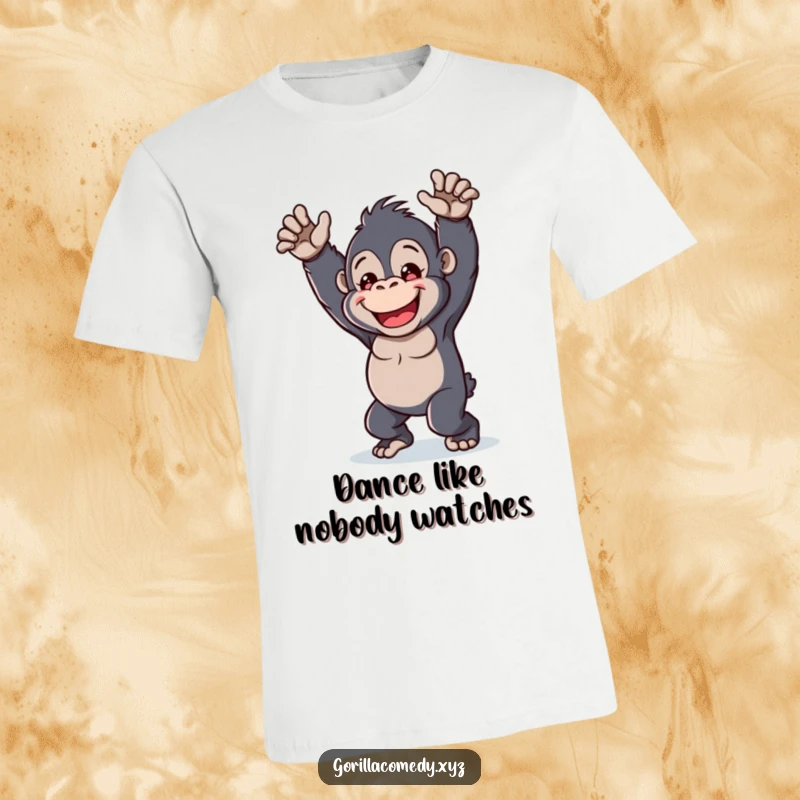 Funny kawaii gorilla t-shirt, cheerful character, playful dance move, cute and vibrant graphic, hilarious apparel.