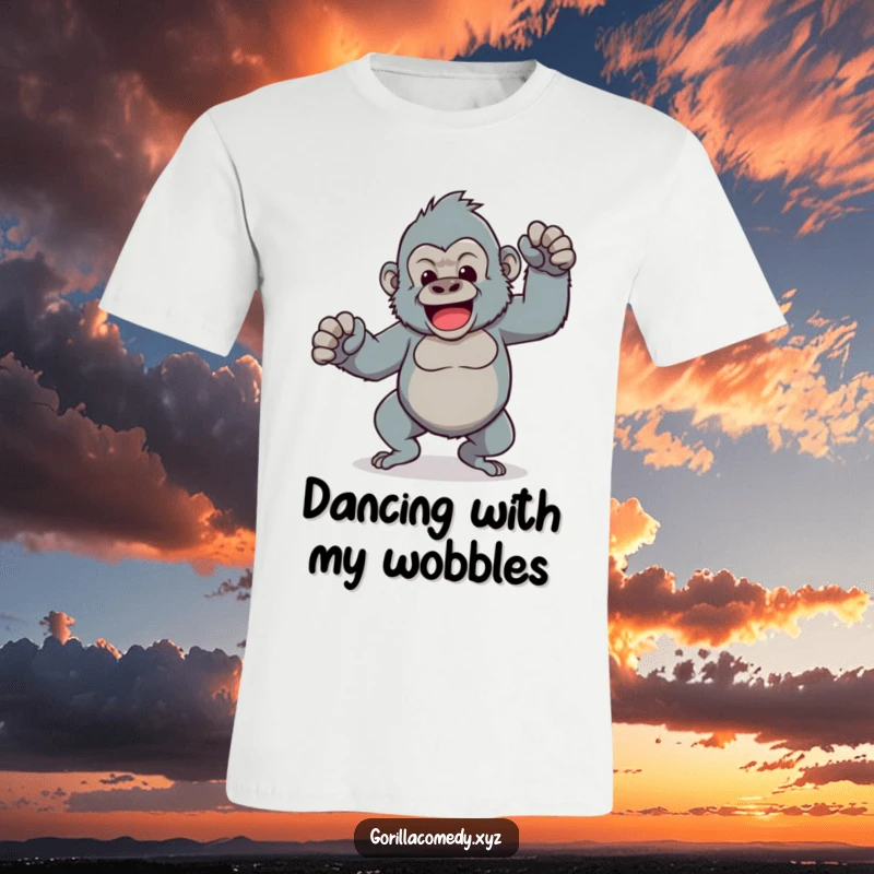 Funny t-shirt featuring a Kawaii gorilla doing a comical dance with wobbly legs, capturing a moment of pure, uninhibited silliness.