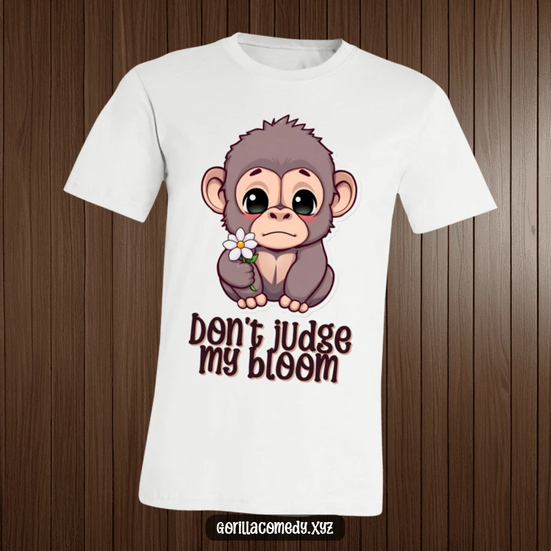 Funny gorilla t-shirt depicting a startled primate with wide eyes, holding a single delicate flower, showcasing sweet bewilderment.