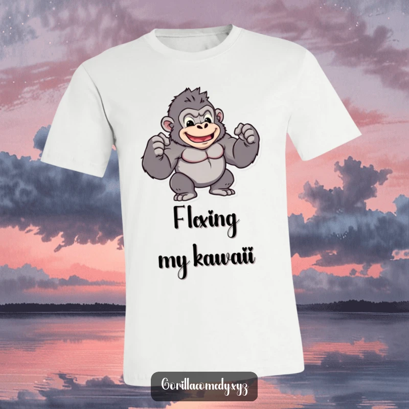 Funny kawaii gorilla t-shirt featuring a small, muscular character flexing biceps with a proud smile, ideal for fitness fans, funny gift.