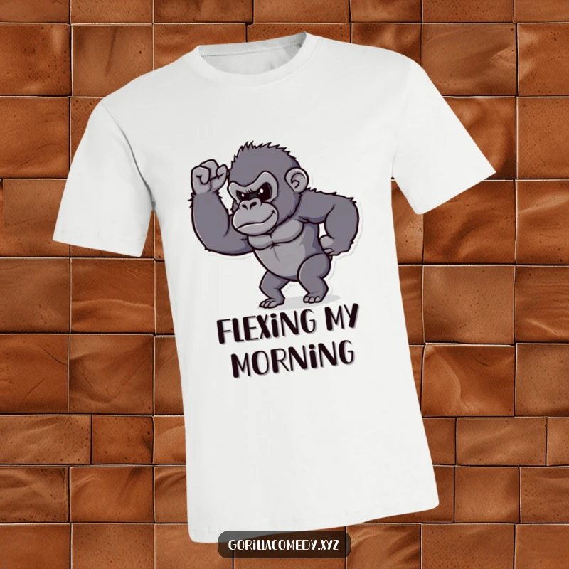 Funny gorilla t-shirt, determined character proudly flexing its tiny bicep, exuding strength and humorous pride.