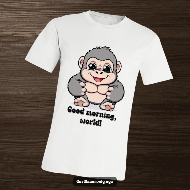 Funny cheerful gorilla t-shirt with big bright eyes playfully pounding its chest, showing happy energy and strength, a great funny gift for all.