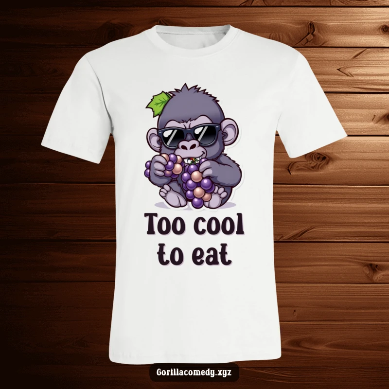 Funny t-shirt with a gorilla wearing tiny sunglasses and eating grapes, exuding a cool, relaxed, and humorous persona.