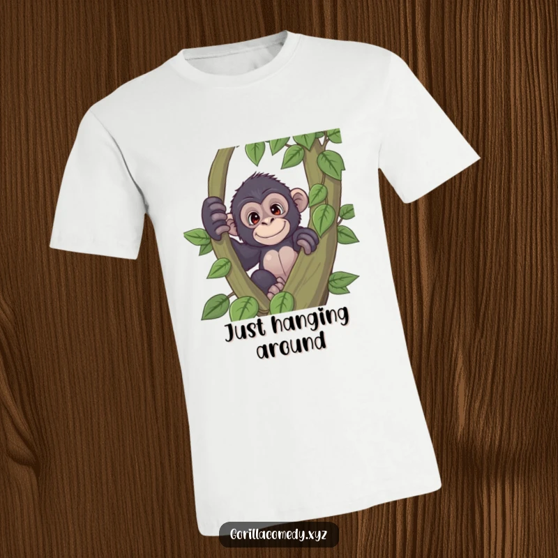 Funny playful gorilla t-shirt with a curious expression peeking from behind a large vine, evoking curiosity and fun, a great funny gift for all.