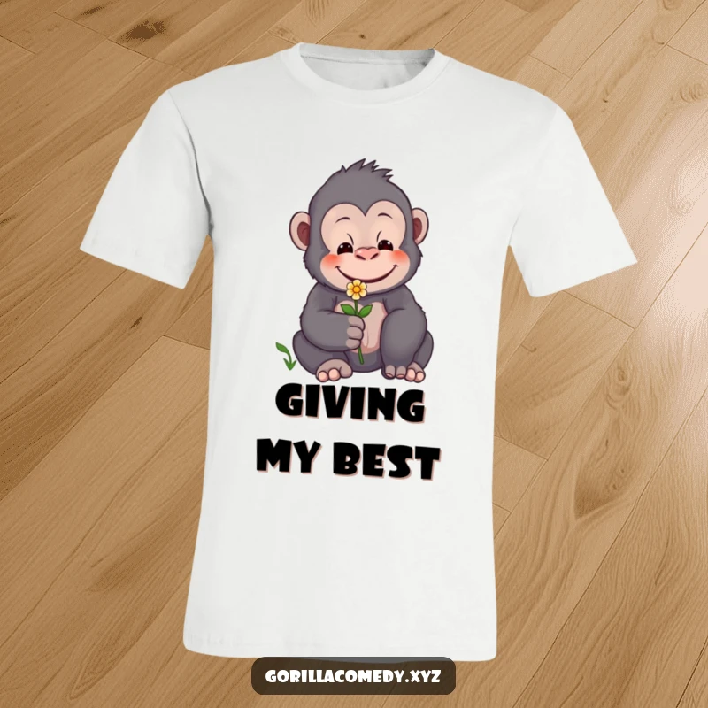 Funny t-shirt design of a gorilla with a warm smile, extending a tiny flower as a gesture of kindness.