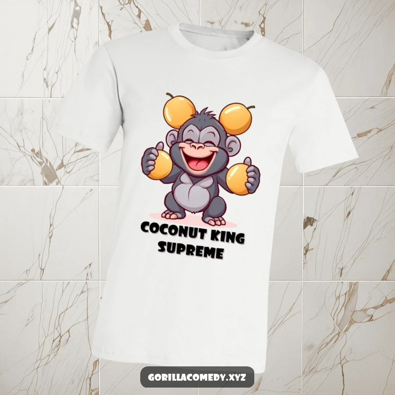 Funny giggling gorilla t-shirt with a wide grin juggling three shiny coconuts, expressing joy and playful skill, a great funny gift for everyone.
