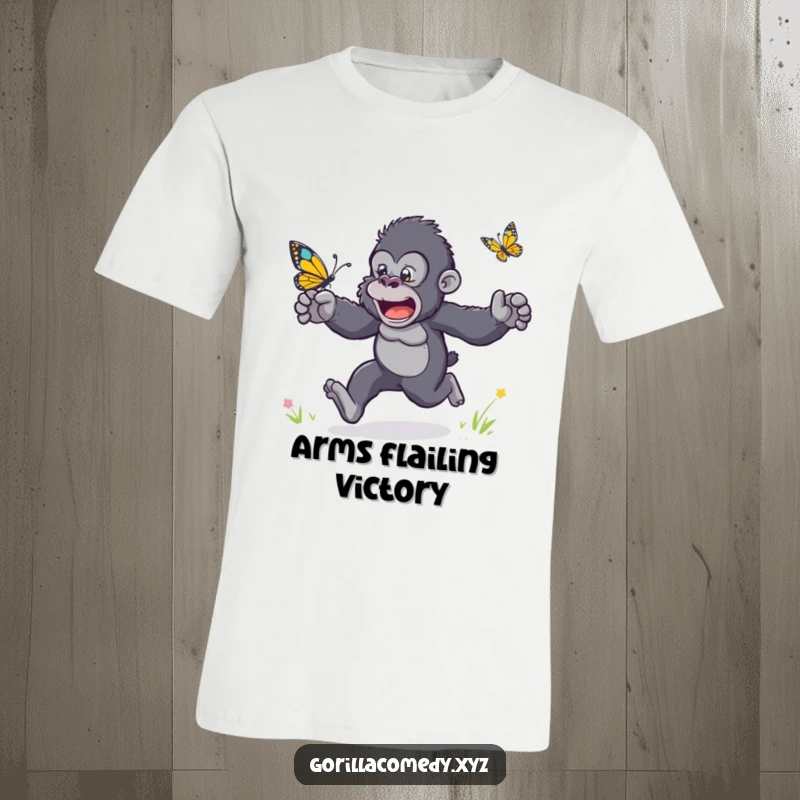 Funny t-shirt of a gorilla with arms flailing wildly, energetically racing a delicate butterfly.