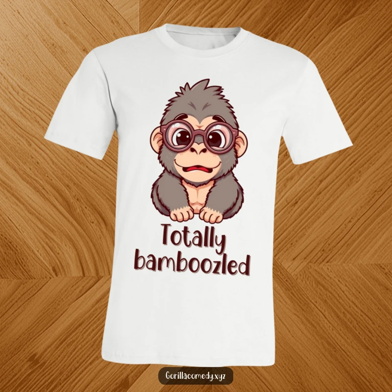Funny t-shirt with a silly gorilla character wearing large round glasses, displaying a comically surprised and bewildered expression.