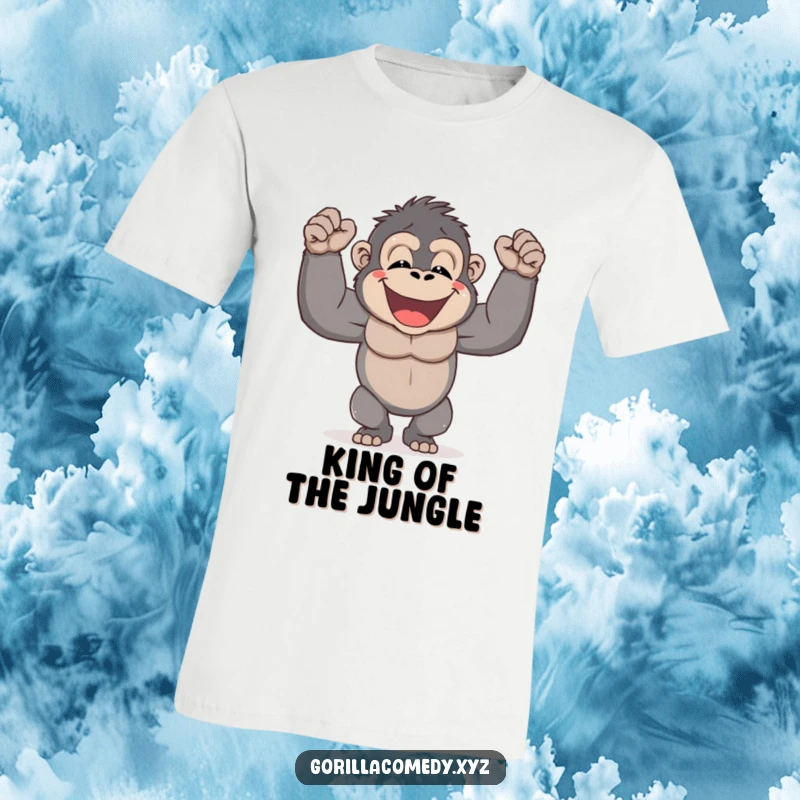 Funny Gorilla Power T-Shirt featuring a happy gorilla pounding its chest with a big, proud smile, radiating strength and joy.