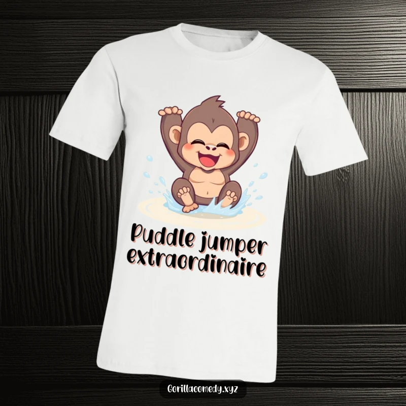 Funny kawaii gorilla joyfully splashing water in a puddle on a t-shirt, embodying pure, uninhibited happiness and playfulness.