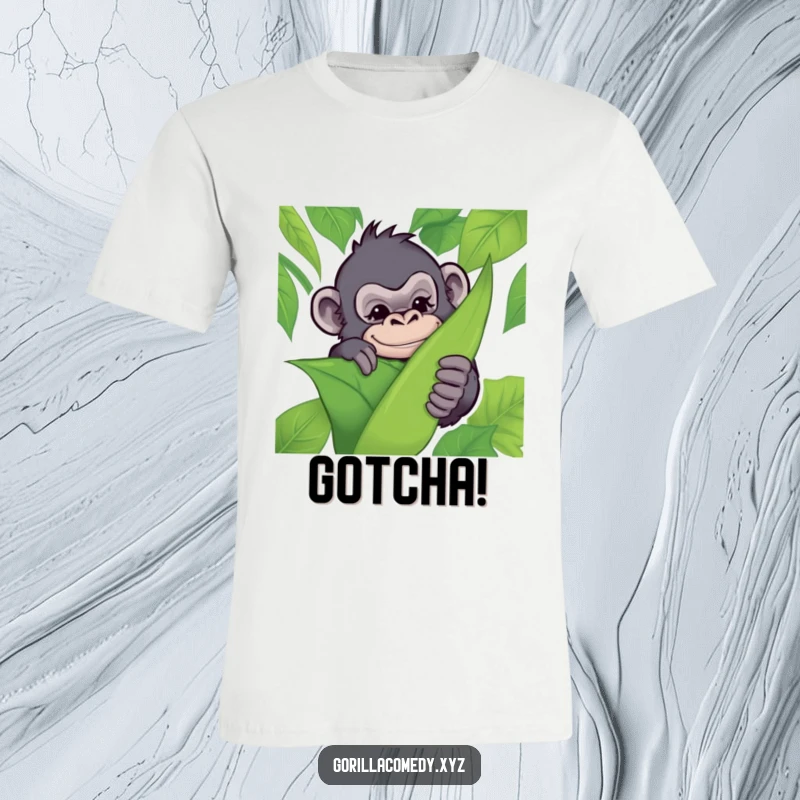 Funny t-shirt with a mischievous gorilla hiding behind a jungle leaf, giving a playful wink, radiating cheeky fun.