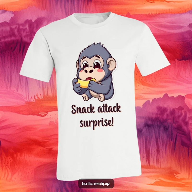 Funny kawaii gorilla t-shirt, surprised expression, eating a small banana, cute animal graphic, hilarious apparel.