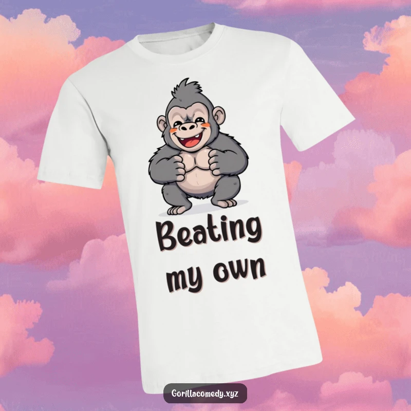 Funny t-shirt depicting a cheerful Kawaii gorilla happily beating its chest with its hands. Great for expressive individuals.