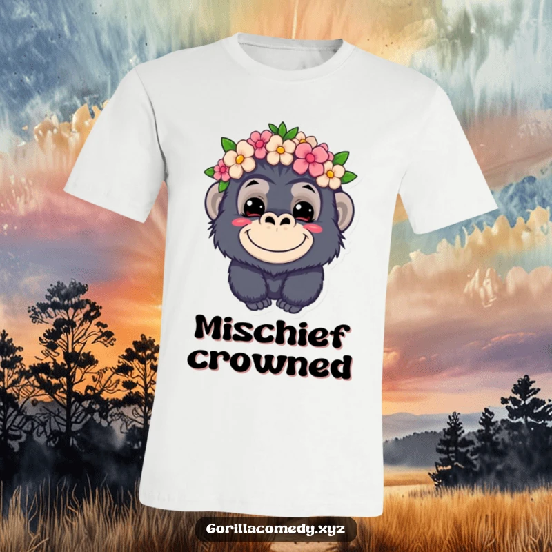 Funny kawaii gorilla t-shirt, mischievous grin, wearing a flower crown, cute animal graphic, hilarious apparel.