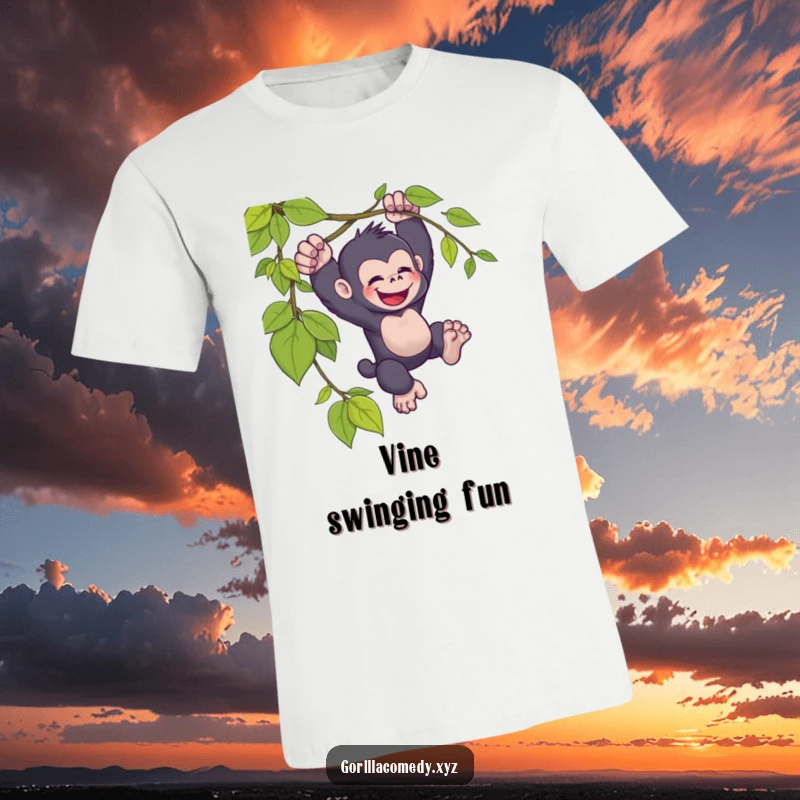 Funny kawaii gorilla t-shirt, joyfully swinging, from a vine, cute animal graphic, hilarious apparel.