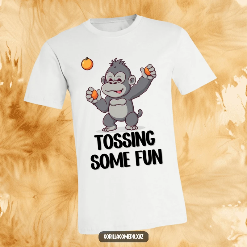 Funny t-shirt depicting a mischievous gorilla playfully tossing a piece of fruit, exuding a sense of jungle mischief and joy.