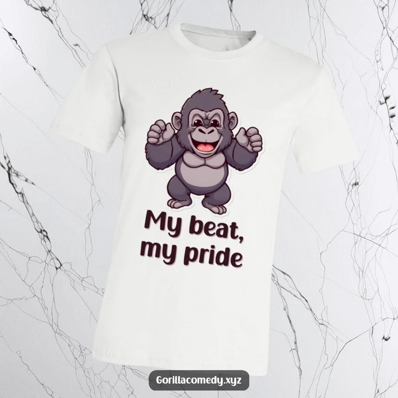 Funny gorilla t-shirt with a cheerful ape character proudly beating its chest rhythmically, symbolizing strength, confidence, and joyful self-expression.