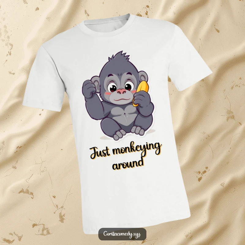 Funny Kawaii gorilla t-shirt, a cute ape character with wide, curious eyes, inspecting a tasty banana with delightful fascination.