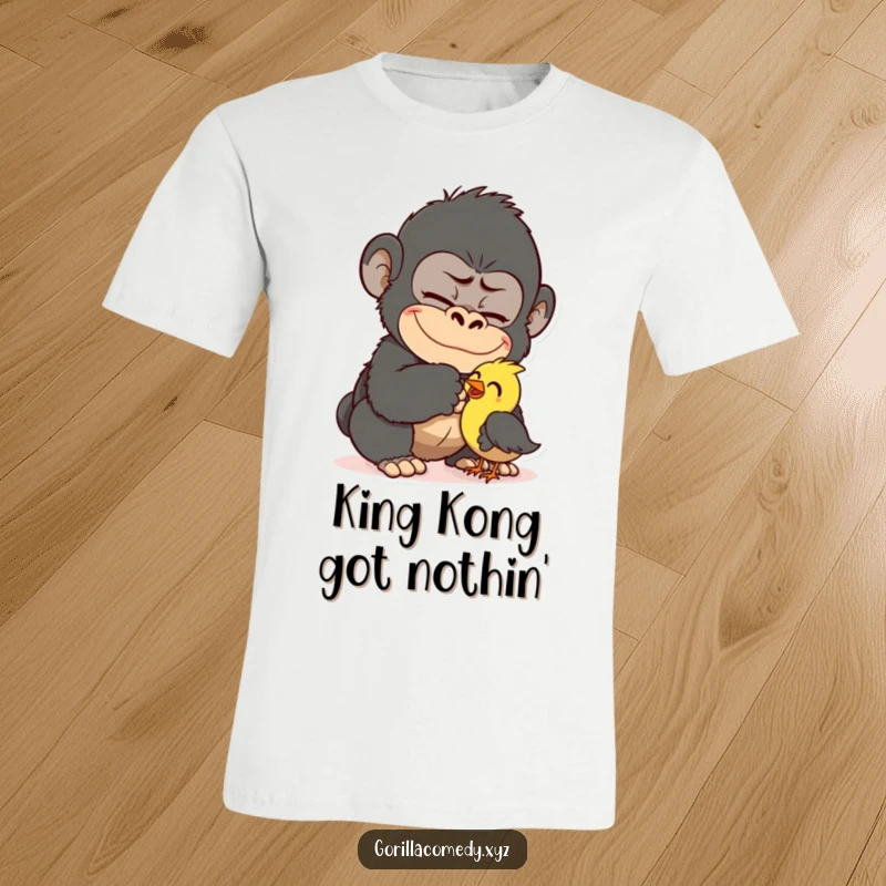 Funny Gorilla Tickling Bird T-Shirt: Mischievous gorilla tickling a small bird, capturing a moment of pure, funny delight. A great tee gift.