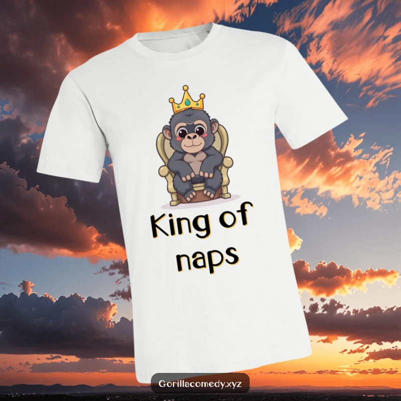 Funny t-shirt of a gorilla wearing a small crown, sitting proudly on a throne.