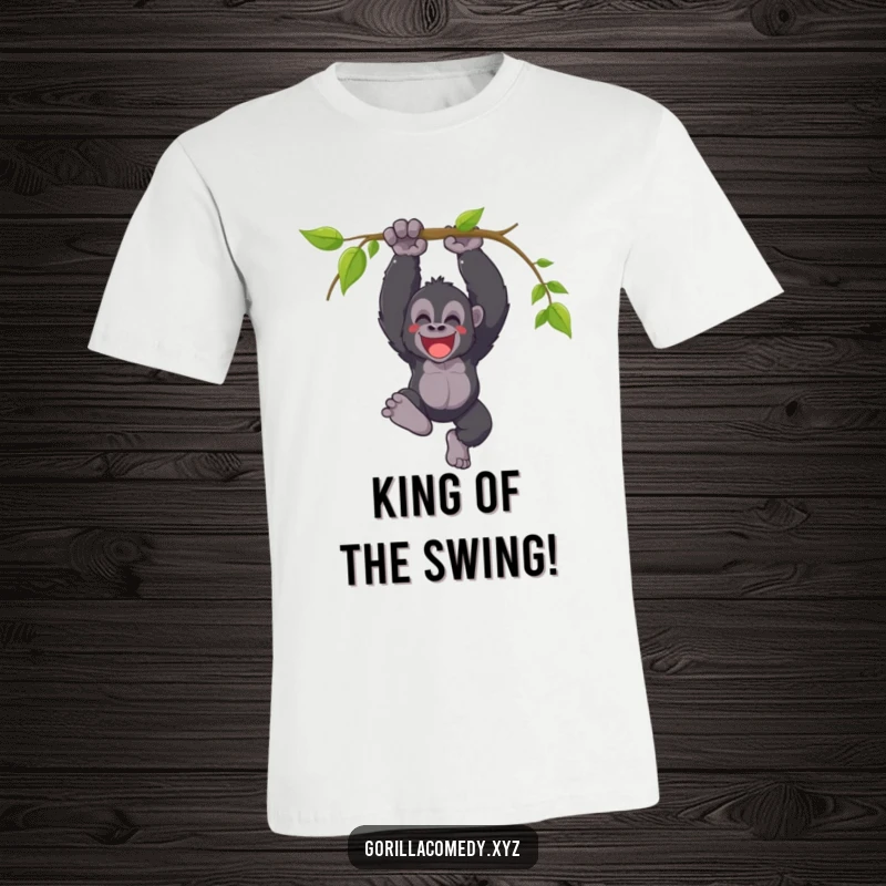 Funny t-shirt depicting a joyful gorilla enthusiastically swinging from a vine with a triumphant yell, conveying pure exhilaration.