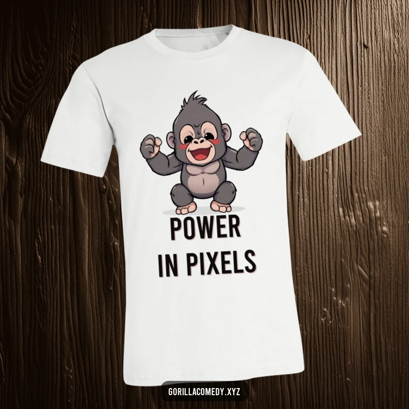 Funny t-shirt showing a cute Kawaii gorilla gleefully flexing its miniature biceps. Great for gym-goers and animal lovers.