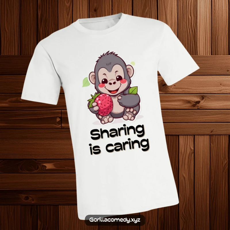 Funny t-shirt featuring a gentle gorilla character smiling warmly and offering a big, juicy berry, symbolizing kindness.