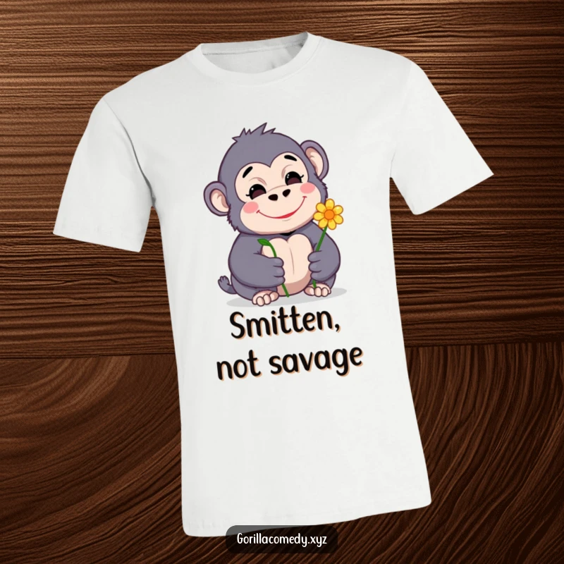 Funny cotton t-shirt depicting a shy, smiling gorilla character presenting a single flower with endearing warmth and charm.