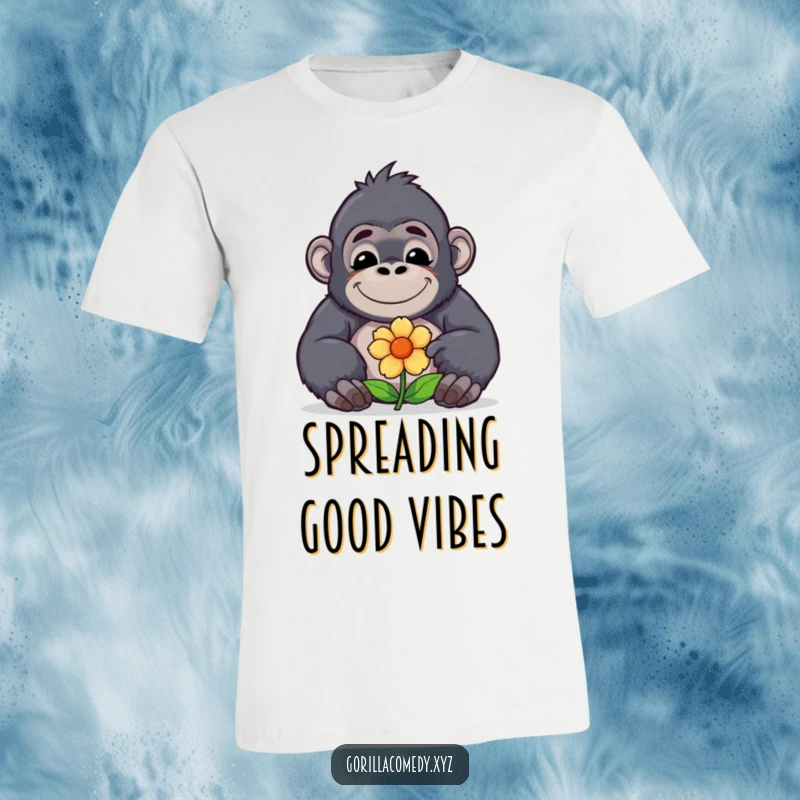 Cute funny kawaii gorilla with a big contented smile offers a beautiful flower on a t-shirt, symbolizing kindness and peace.