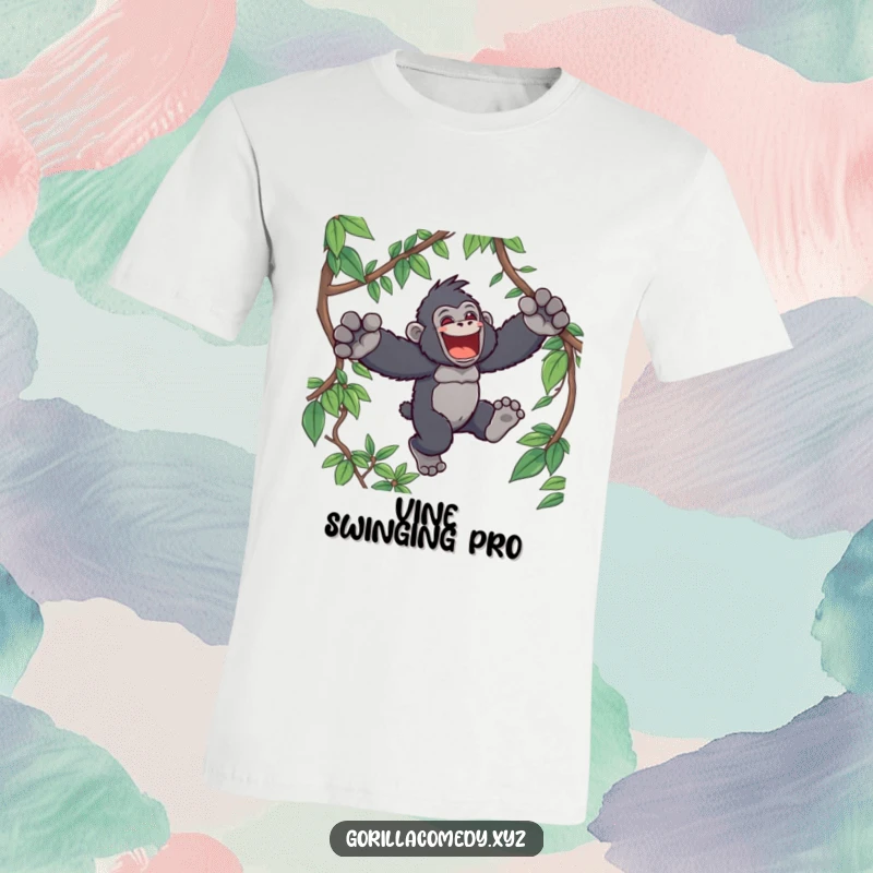 Funny Kawaii gorilla t-shirt, depicting a cute ape character mid-leap through jungle vines with pure joy and energetic motion.