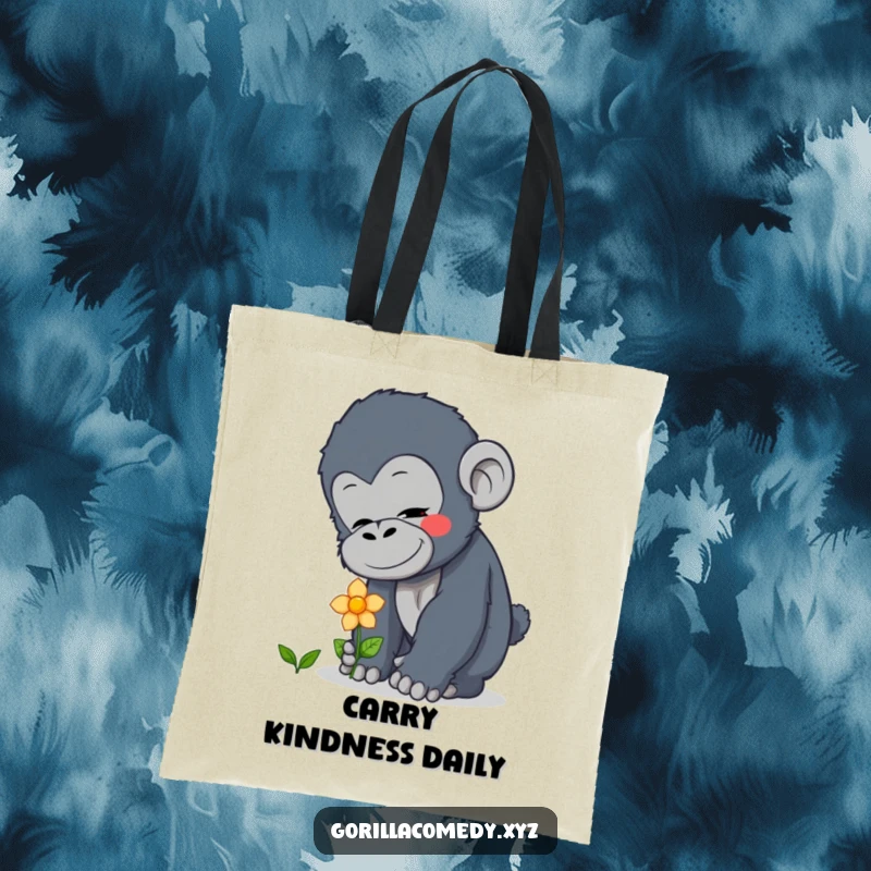 Funny curious gorilla tote bag showing a character with a soft expression patting a flower, great for carrying essentials, a funny gift.