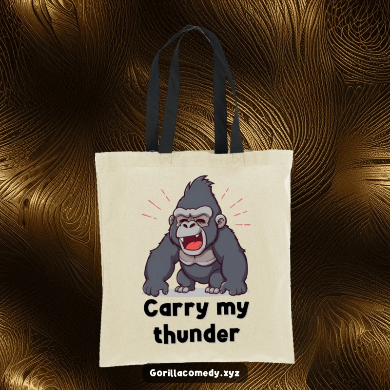 Funny tote bag with a gorilla character in the midst of a loud roar, accompanied by visual sound waves for maximum impact.