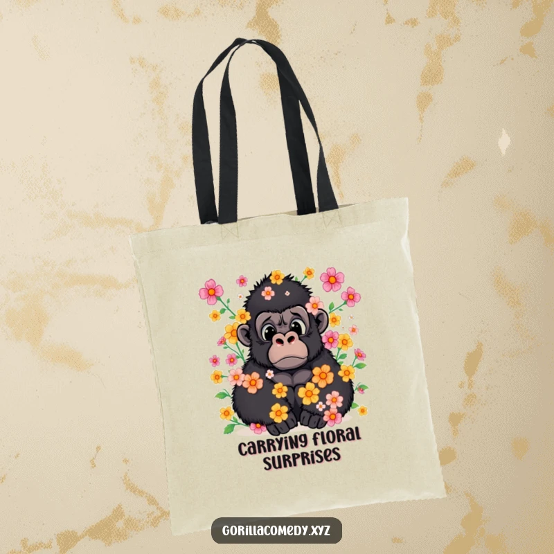 Funny tote bag showing a surprised gorilla covered in a delightful shower of colorful flowers.