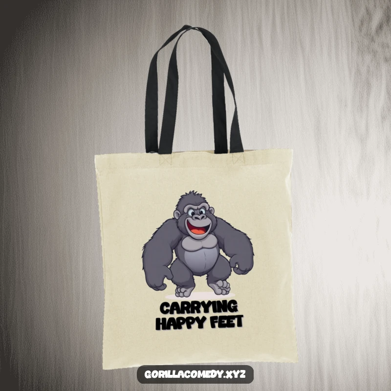 Funny tote bag showcasing a happy gorilla with oversized, grinning feet stomping playfully.