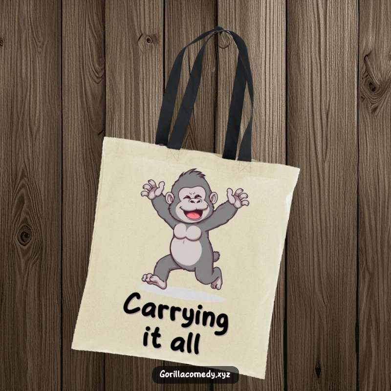 Funny tote bag with a playful gorilla character doing a wobbly walk with arms outstretched, symbolizing humorous movement.