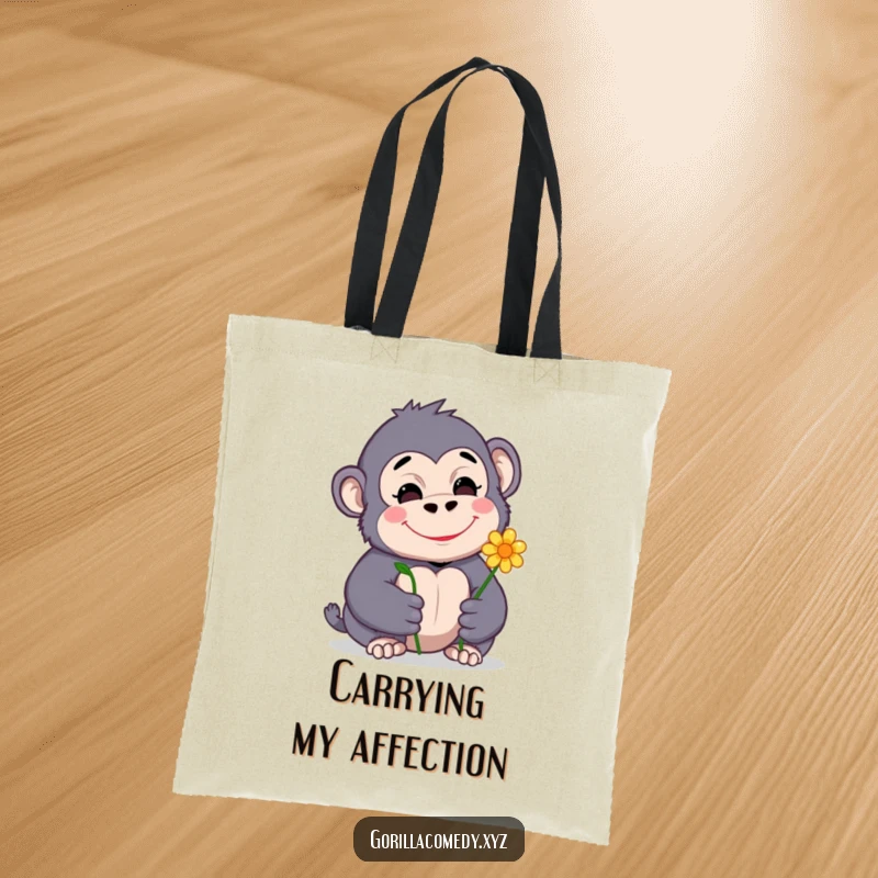 Funny, reusable tote bag featuring a shy gorilla character holding out a flower with a genuinely happy and bashful smile.