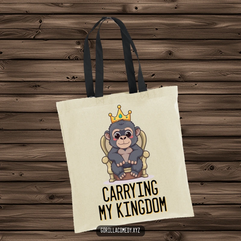 Funny tote bag showing a gorilla wearing a small crown, sitting on a throne.