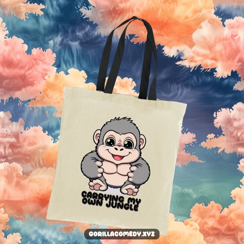 Funny cheerful gorilla tote bag with big bright eyes playfully pounding its chest, perfect for carrying essentials with a smile, a fun gift.