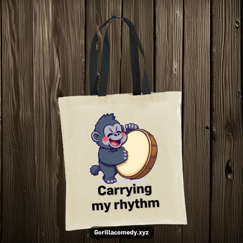 Funny Gorilla Drummer Tote Bag with a cute kawaii gorilla character happily banging on a large drum, perfect for carrying rhythm.