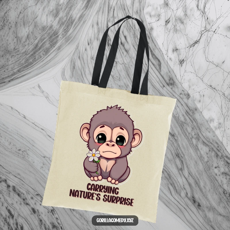 Funny gorilla tote bag showing a startled primate with big eyes carefully holding a tiny flower, a picture of sweet shock.