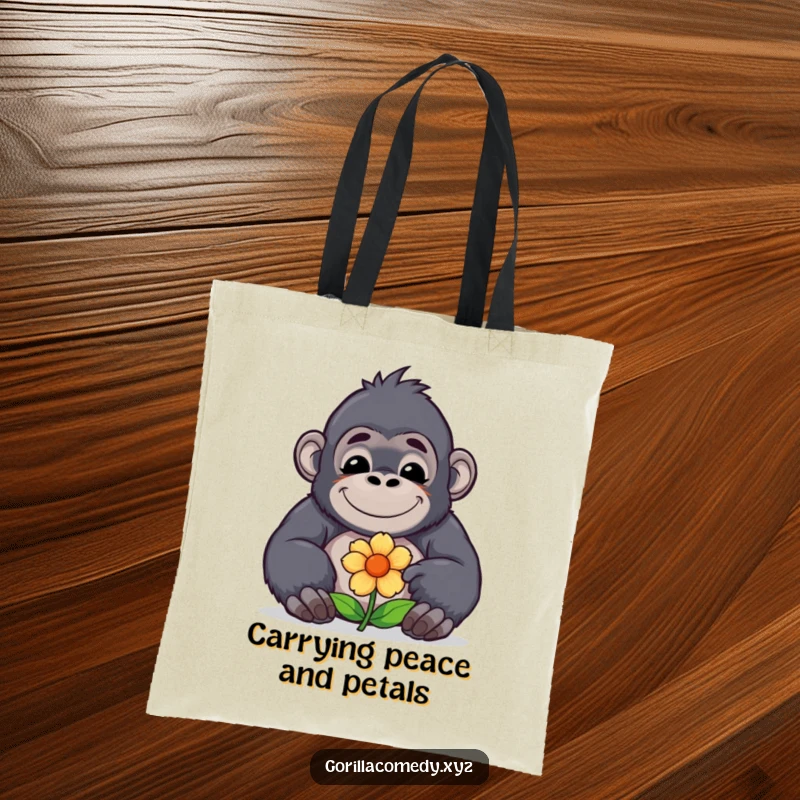 Cute funny kawaii gorilla with a contented smile offers a flower on a tote bag, perfect for carrying gifts and spreading kindness.