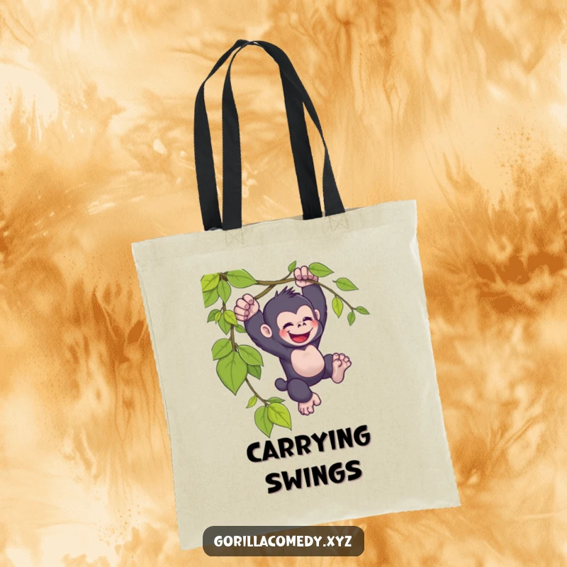 Funny kawaii gorilla tote bag, joyfully swinging, from a vine, cute and practical accessory, adventurous design.