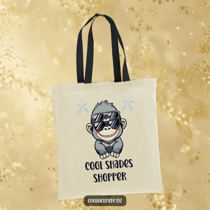 Funny Kawaii gorilla wearing sunglasses and a silly grin on a durable tote bag, offering cool and humorous utility.