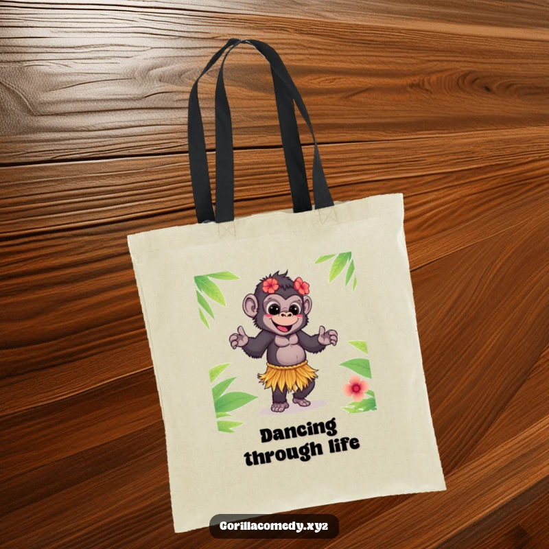 Funny Gorilla Tote Bag: Cute gorilla in a grass skirt doing a playful hula dance, perfect for carrying your day.