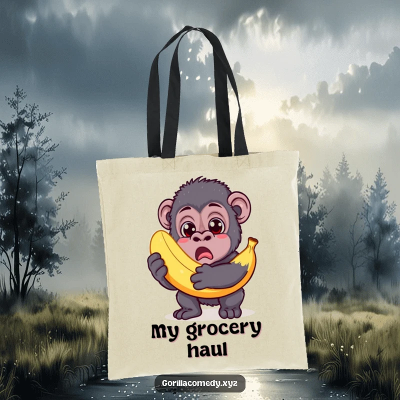 Funny Gorilla Tote Bag: Surprised gorilla holding a banana much too big, perfect for carrying essentials.