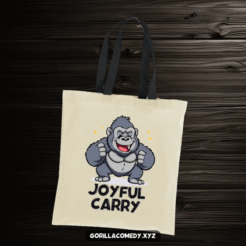 Funny tote bag with a cheerful gorilla pounding its chest rhythmically, symbolizing happiness and energetic vibes.