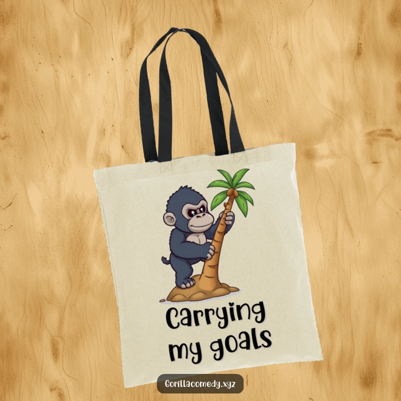 Funny tote bag featuring a determined gorilla attempting to climb a small coconut tree, embodying ambition and perseverance.