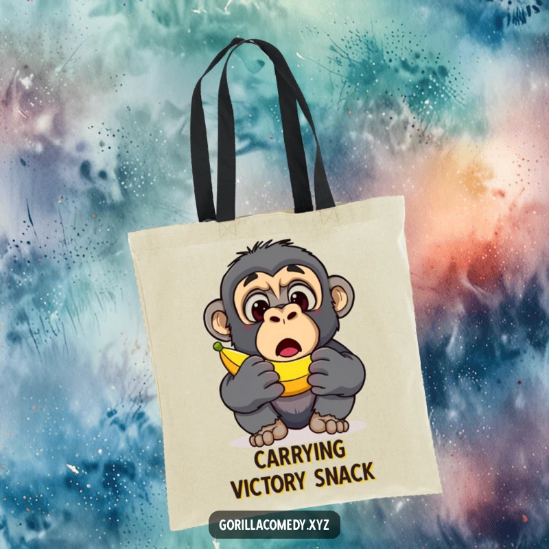 Funny Gorilla Banana Discovery Tote Bag: A durable tote with a surprised gorilla character’s wide eyes upon finding a banana, bringing hilarious joy, funny gift.