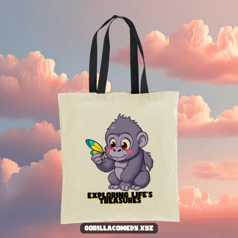 Funny kawaii gorilla with wide, intrigued eyes examining a vibrant butterfly on a tote bag, perfect for carrying curiosities.